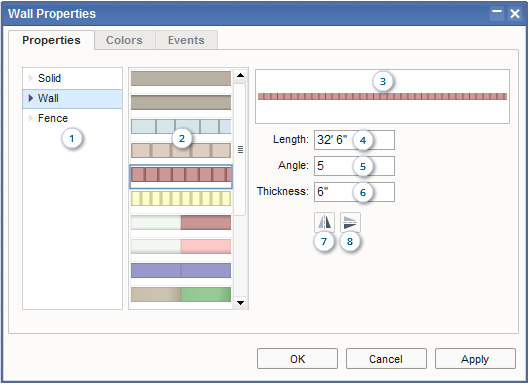 Floor Plan Software - Wall/Fence Properties Dialog Box / Tab 1